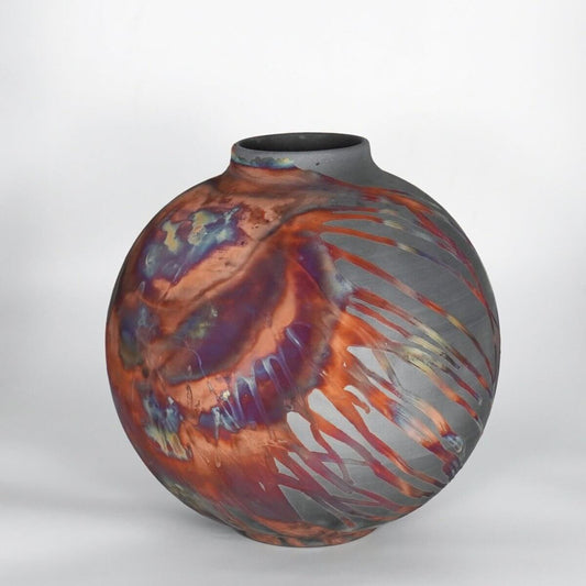 RAAQUU Large Globe Ceramic Vase Carbon Copper S/N0000787 11" Raku Pottery Unique Handmade ceramic pottery raku vases, urns, and home decor, sculptures, wall decor, gifts by Adil Ghani