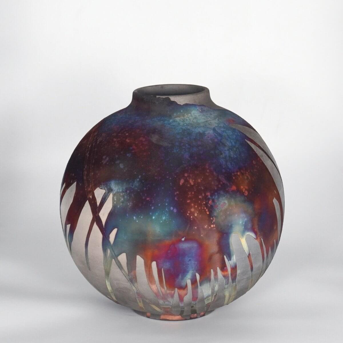 RAAQUU Large Globe Ceramic Vase Carbon Copper S/N0000860 11" Raku Pottery Unique Handmade ceramic pottery raku vases, urns, and home decor, sculptures, wall decor, gifts by Adil Ghani