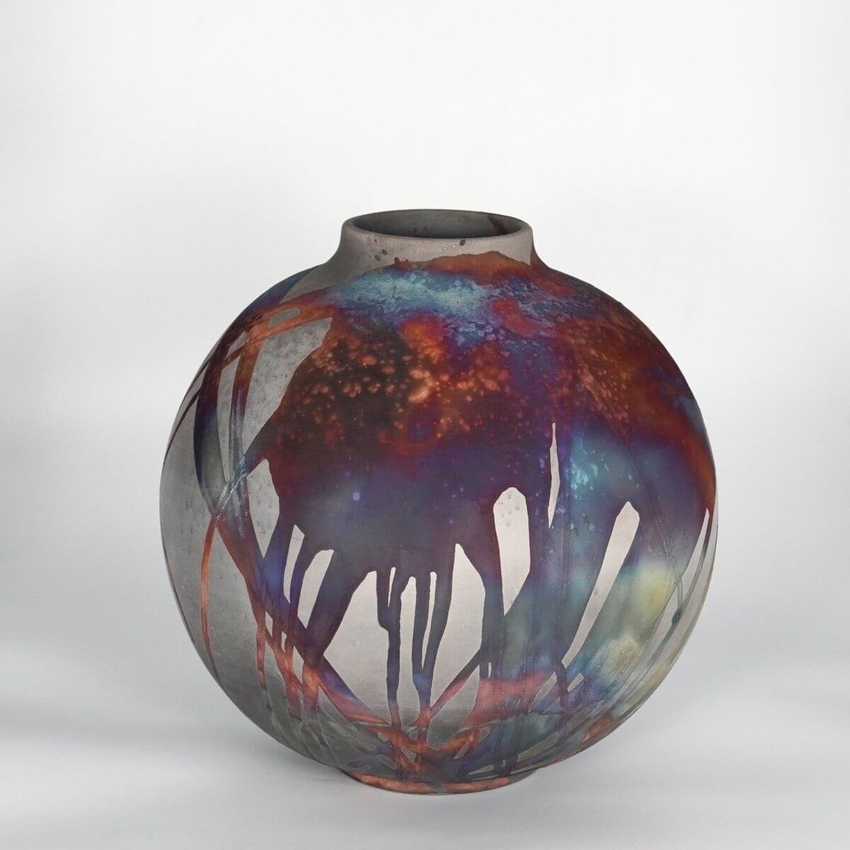 RAAQUU Large Globe Ceramic Vase Carbon Copper S/N0000860 11" Raku Pottery Unique Handmade ceramic pottery raku vases, urns, and home decor, sculptures, wall decor, gifts by Adil Ghani