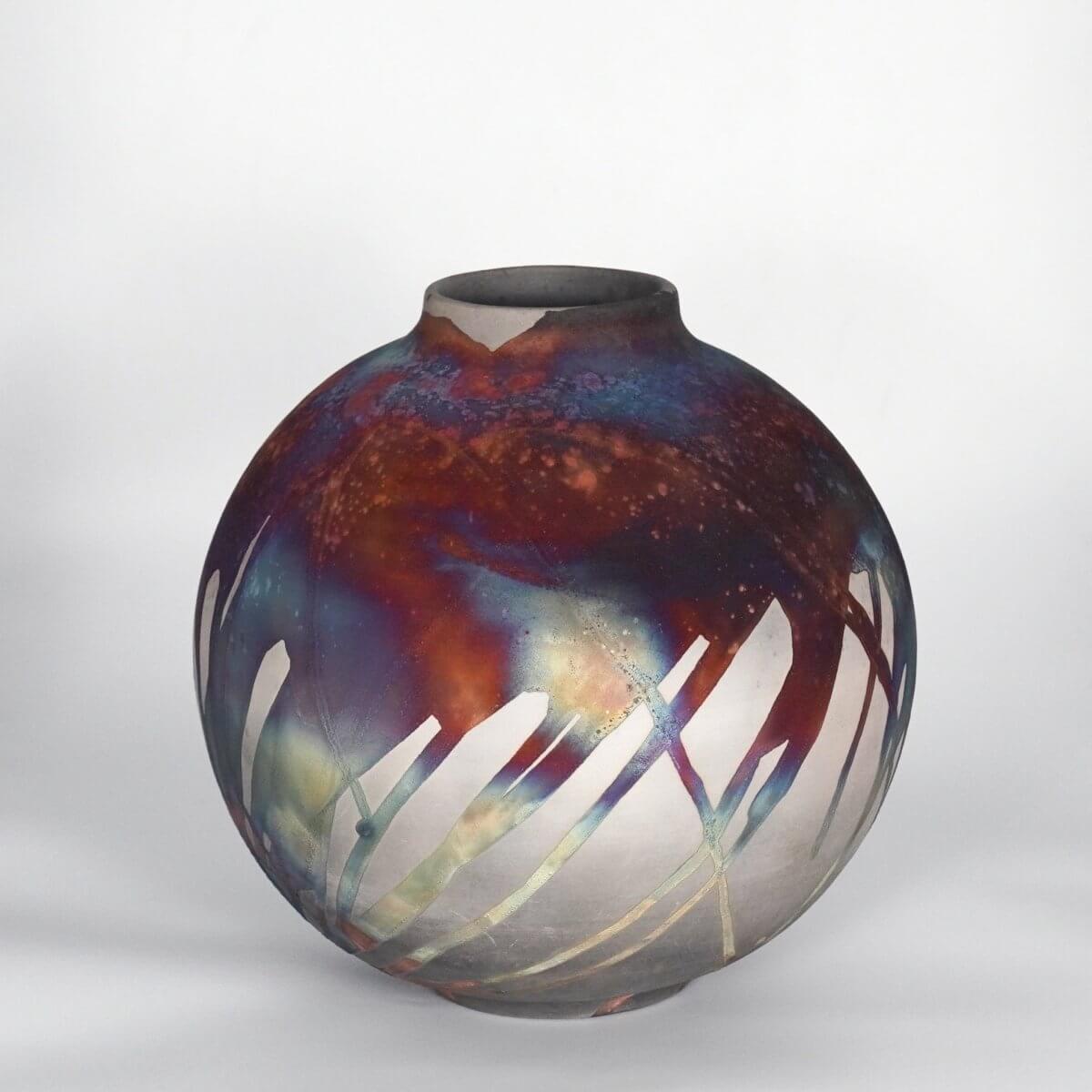 RAAQUU Large Globe Ceramic Vase Carbon Copper S/N0000860 11" Raku Pottery Unique Handmade ceramic pottery raku vases, urns, and home decor, sculptures, wall decor, gifts by Adil Ghani
