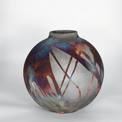 RAAQUU Large Globe Ceramic Vase Carbon Copper S/N0000860 11" Raku Pottery Unique Handmade ceramic pottery raku vases, urns, and home decor, sculptures, wall decor, gifts by Adil Ghani