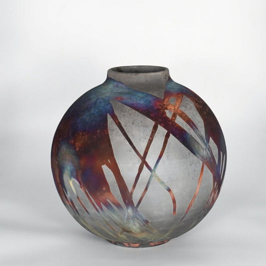 RAAQUU Large Globe Ceramic Vase Carbon Copper S/N0000860 11" Raku Pottery Unique Handmade ceramic pottery raku vases, urns, and home decor, sculptures, wall decor, gifts by Adil Ghani
