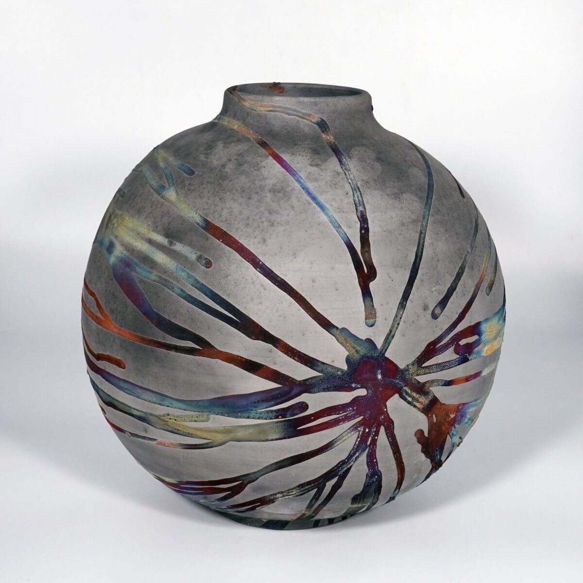 RAAQUU Large Globe Ceramic Vase Carbon Copper S/N0000871 11" Raku Pottery Unique Handmade ceramic pottery raku vases, urns, and home decor, sculptures, wall decor, gifts by Adil Ghani