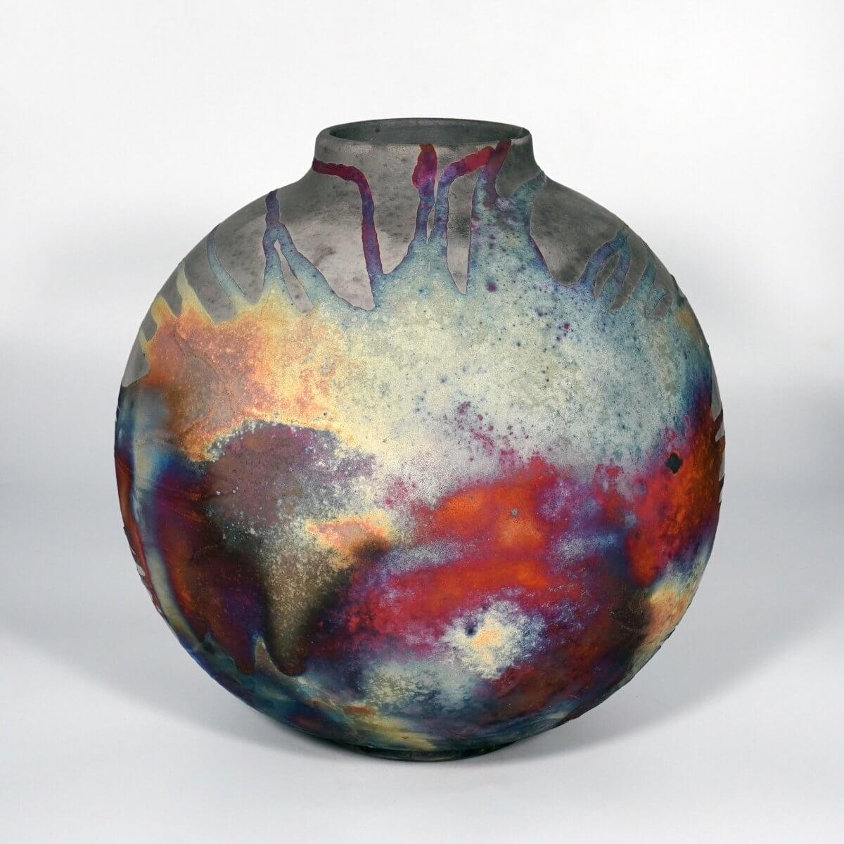 RAAQUU Large Globe Ceramic Vase Carbon Copper S/N0000871 11" Raku Pottery Unique Handmade ceramic pottery raku vases, urns, and home decor, sculptures, wall decor, gifts by Adil Ghani