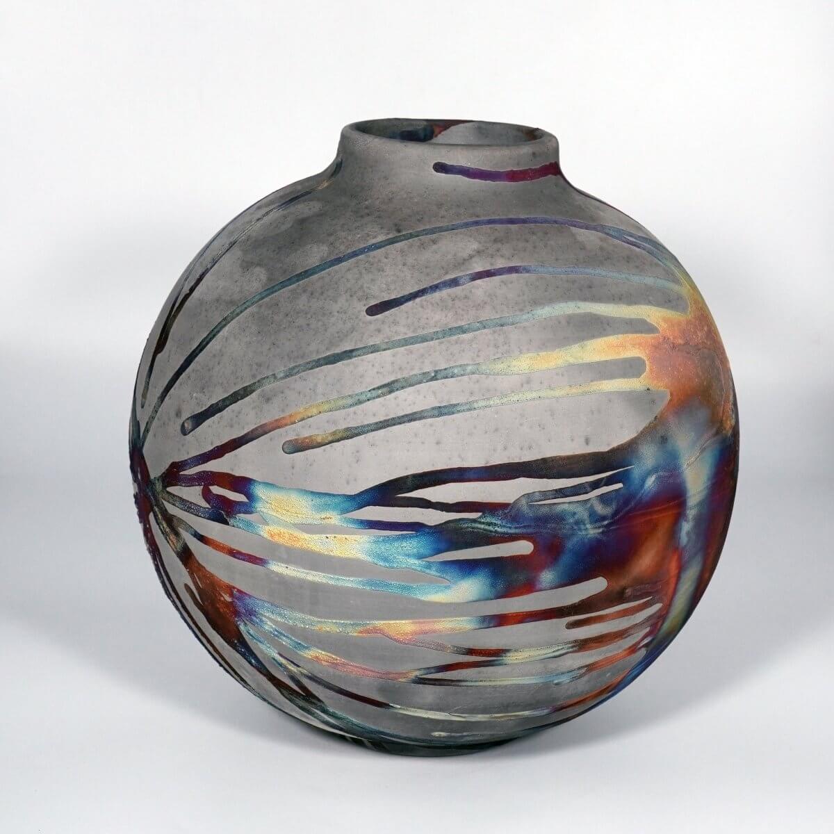 RAAQUU Large Globe Ceramic Vase Carbon Copper S/N0000871 11" Raku Pottery Unique Handmade ceramic pottery raku vases, urns, and home decor, sculptures, wall decor, gifts by Adil Ghani