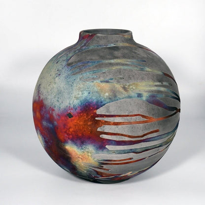 RAAQUU Large Globe Ceramic Vase Carbon Copper S/N0000871 11" Raku Pottery Unique Handmade ceramic pottery raku vases, urns, and home decor, sculptures, wall decor, gifts by Adil Ghani
