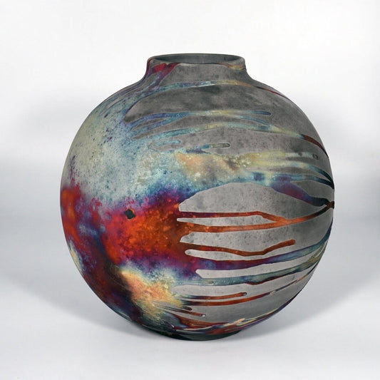 RAAQUU Large Globe Ceramic Vase Carbon Copper S/N0000871 11" Raku Pottery Unique Handmade ceramic pottery raku vases, urns, and home decor, sculptures, wall decor, gifts by Adil Ghani