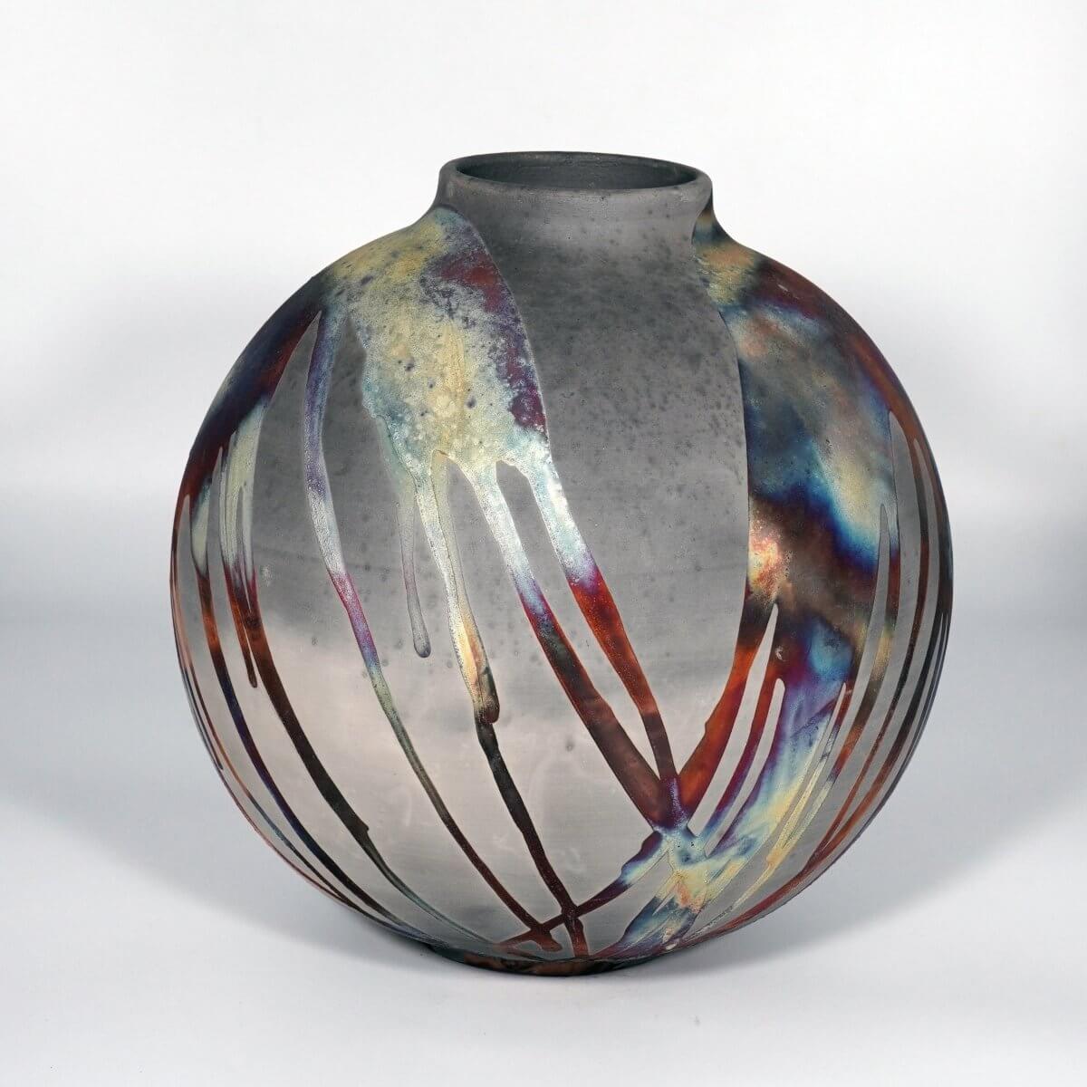 RAAQUU Large Globe Ceramic Vase Carbon Copper S/N0000874 11" Raku Pottery Unique Handmade ceramic pottery raku vases, urns, and home decor, sculptures, wall decor, gifts by Adil Ghani
