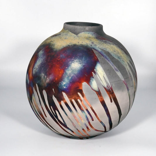 RAAQUU Large Globe Ceramic Vase Carbon Copper S/N0000874 11" Raku Pottery Unique Handmade ceramic pottery raku vases, urns, and home decor, sculptures, wall decor, gifts by Adil Ghani