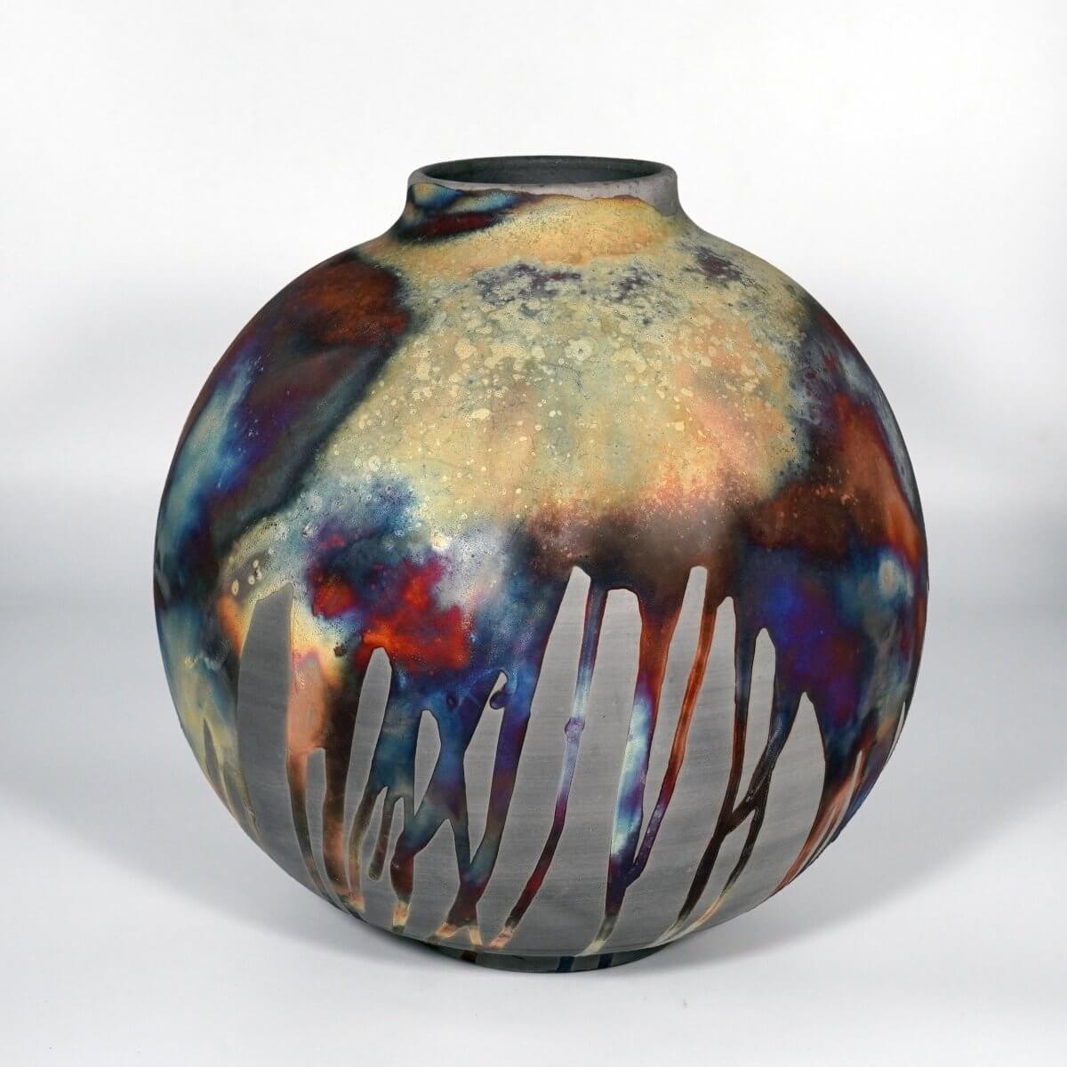 RAAQUU Large Globe Ceramic Vase Carbon Copper S/N0000874 11" Raku Pottery Unique Handmade ceramic pottery raku vases, urns, and home decor, sculptures, wall decor, gifts by Adil Ghani