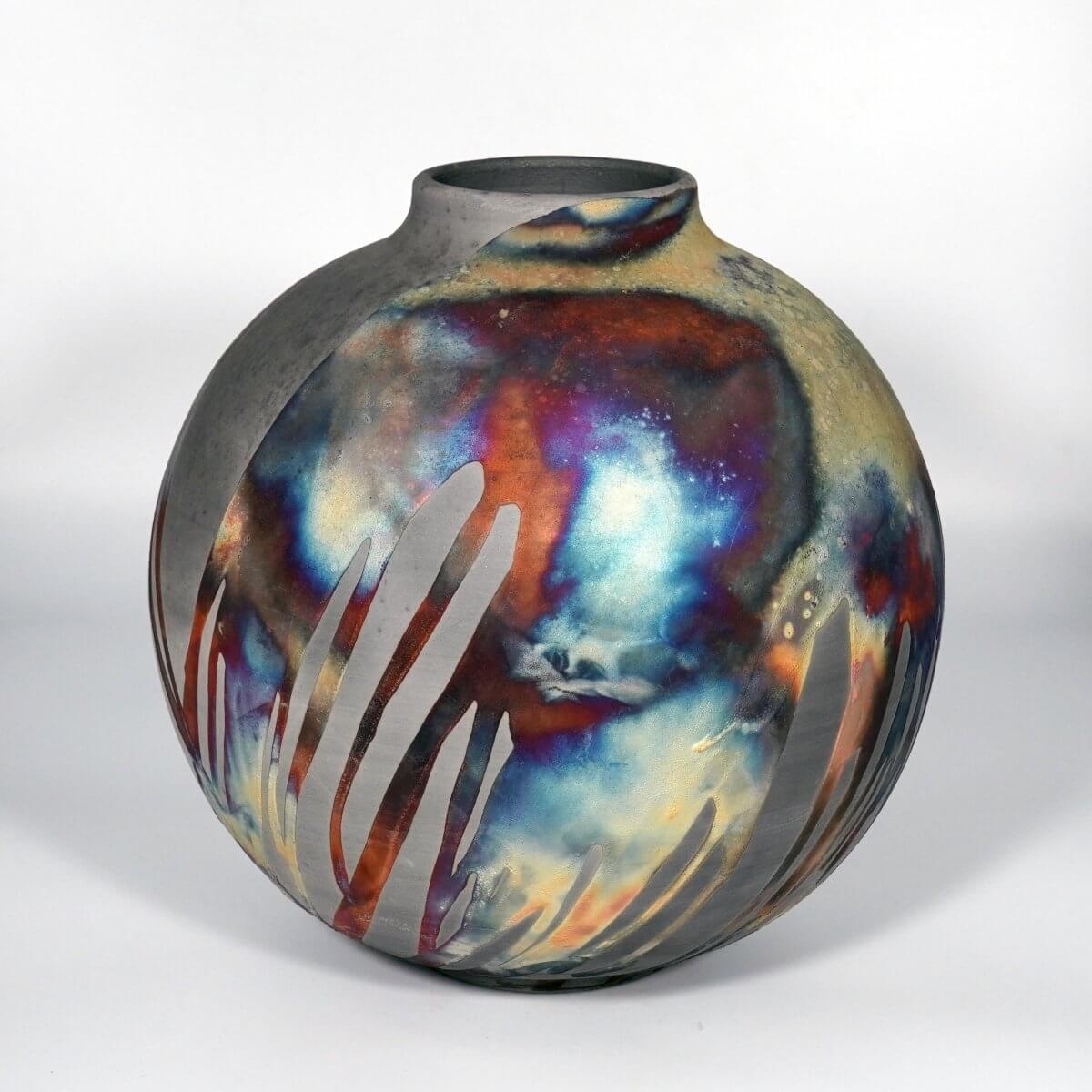 RAAQUU Large Globe Ceramic Vase Carbon Copper S/N0000874 11" Raku Pottery Unique Handmade ceramic pottery raku vases, urns, and home decor, sculptures, wall decor, gifts by Adil Ghani