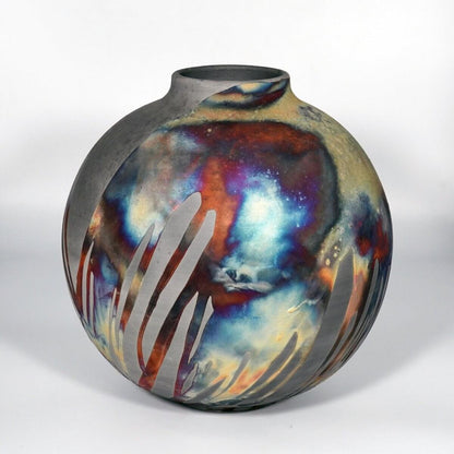 RAAQUU Large Globe Ceramic Vase Carbon Copper S/N0000874 11" Raku Pottery Unique Handmade ceramic pottery raku vases, urns, and home decor, sculptures, wall decor, gifts by Adil Ghani