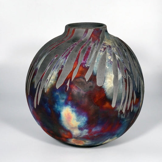 RAAQUU Large Globe Ceramic Vase Carbon Copper S/N0000878 11" Raku Pottery Unique Handmade ceramic pottery raku vases, urns, and home decor, sculptures, wall decor, gifts by Adil Ghani