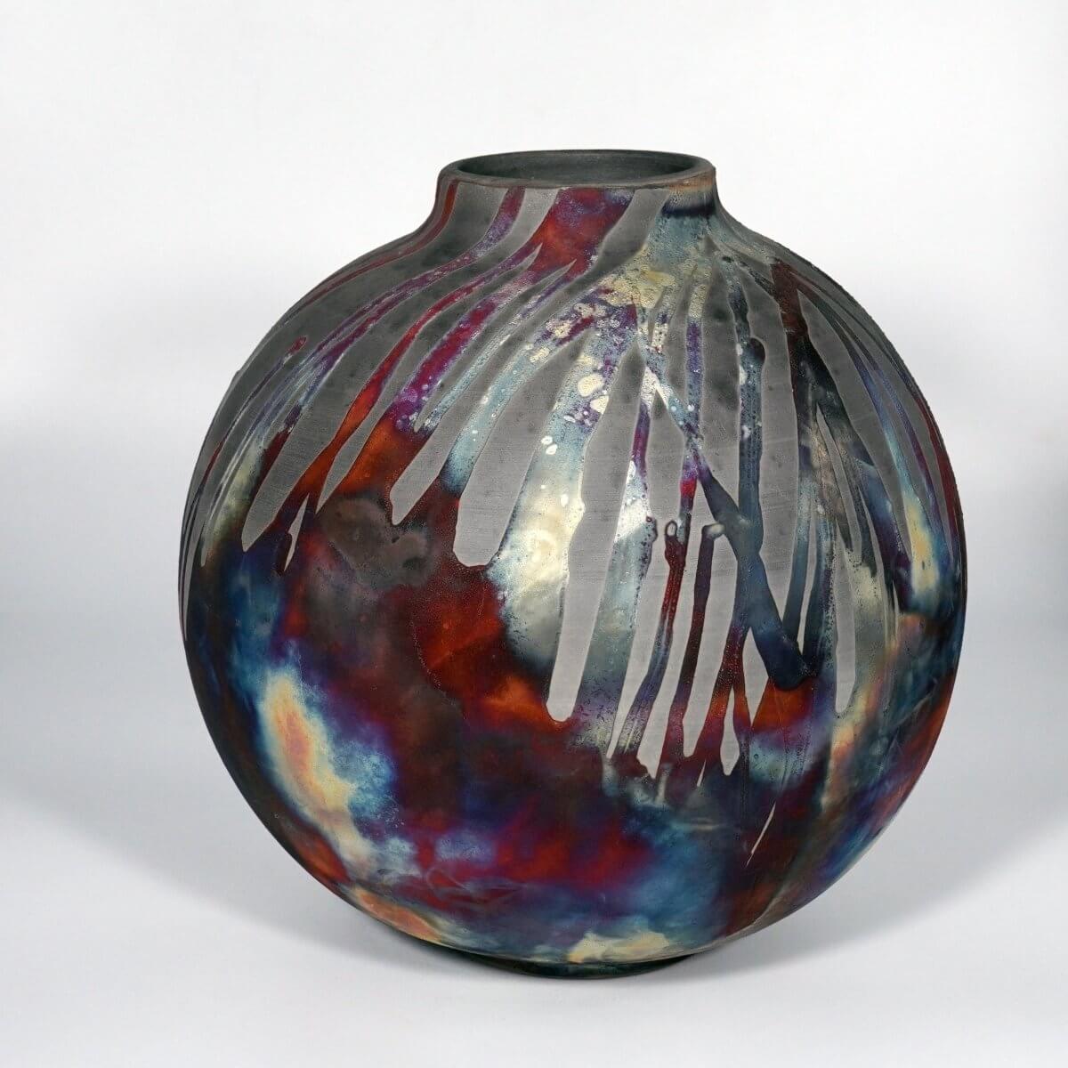 RAAQUU Large Globe Ceramic Vase Carbon Copper S/N0000878 11" Raku Pottery Unique Handmade ceramic pottery raku vases, urns, and home decor, sculptures, wall decor, gifts by Adil Ghani