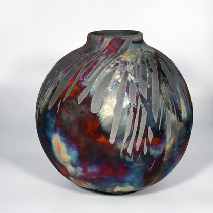 RAAQUU Large Globe Ceramic Vase Carbon Copper S/N0000878 11" Raku Pottery Unique Handmade ceramic pottery raku vases, urns, and home decor, sculptures, wall decor, gifts by Adil Ghani