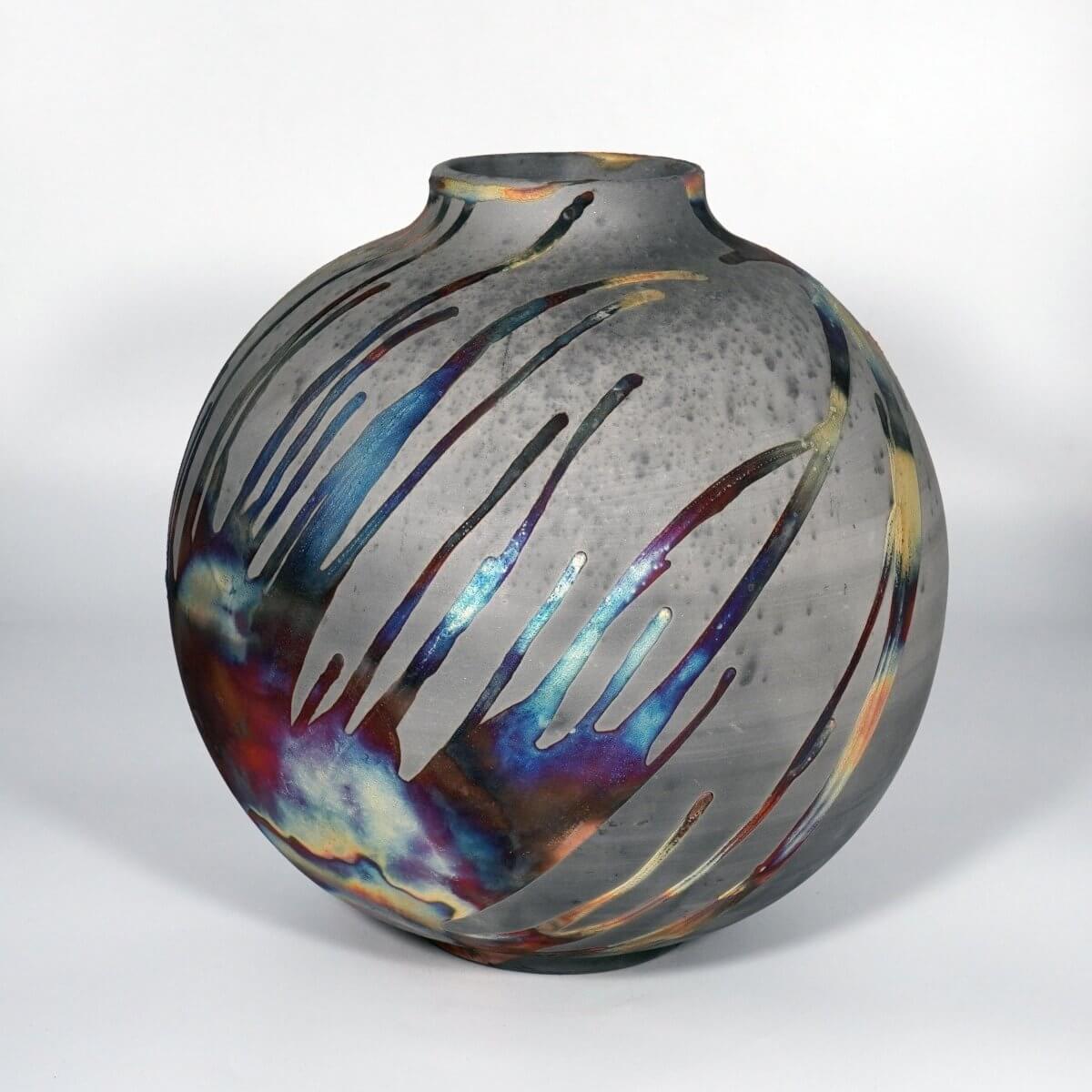 RAAQUU Large Globe Ceramic Vase Carbon Copper S/N0000882 11" Raku Pottery Unique Handmade ceramic pottery raku vases, urns, and home decor, sculptures, wall decor, gifts by Adil Ghani