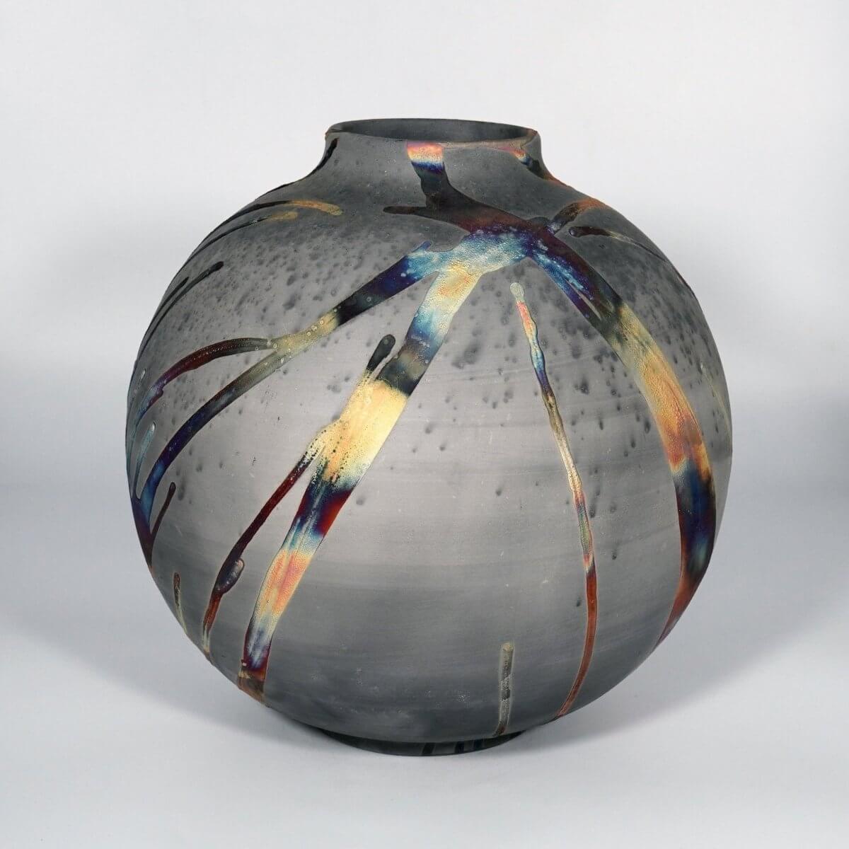 RAAQUU Large Globe Ceramic Vase Carbon Copper S/N0000882 11" Raku Pottery Unique Handmade ceramic pottery raku vases, urns, and home decor, sculptures, wall decor, gifts by Adil Ghani