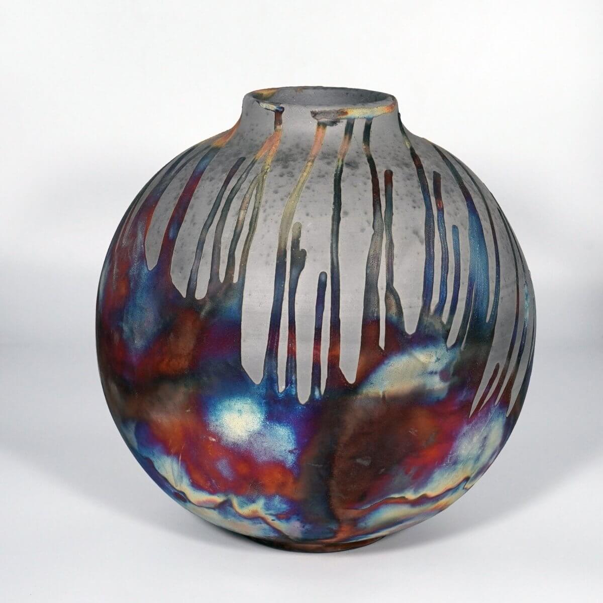 RAAQUU Large Globe Ceramic Vase Carbon Copper S/N0000882 11" Raku Pottery Unique Handmade ceramic pottery raku vases, urns, and home decor, sculptures, wall decor, gifts by Adil Ghani