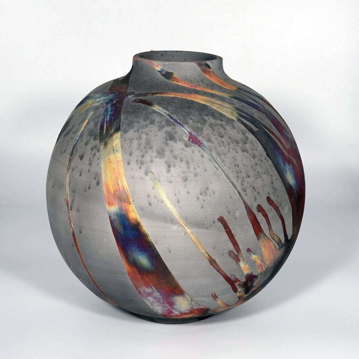 RAAQUU Large Globe Ceramic Vase Carbon Copper S/N0000882 11" Raku Pottery Unique Handmade ceramic pottery raku vases, urns, and home decor, sculptures, wall decor, gifts by Adil Ghani