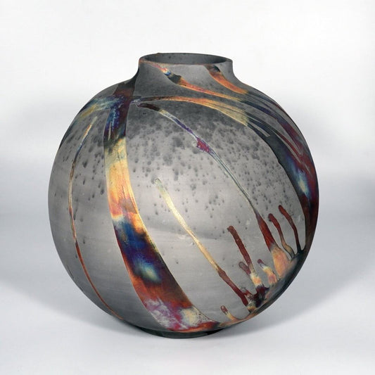 RAAQUU Large Globe Ceramic Vase Carbon Copper S/N0000882 11" Raku Pottery Unique Handmade ceramic pottery raku vases, urns, and home decor, sculptures, wall decor, gifts by Adil Ghani