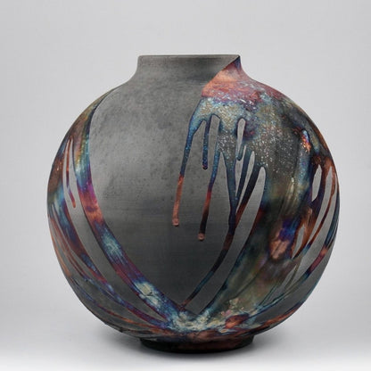 RAAQUU Large Globe Ceramic Vase Carbon Copper S/N0000911 11" Raku Pottery - RAAQUU