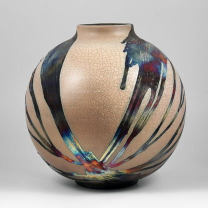 RAAQUU Large Globe Ceramic Vase Half Copper Matte S/N0000770 11" Raku Pottery - RAAQUU