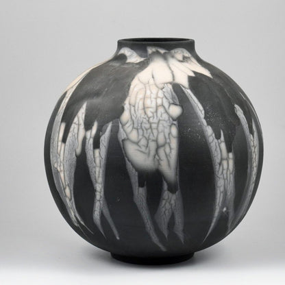 RAAQUU Large Globe Ceramic Vase Smoked Raku S/N0000924 11" Raku Pottery - RAAQUU