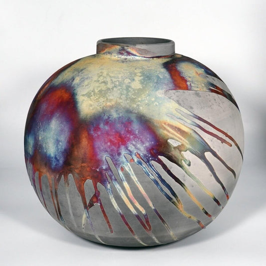 RAAQUU Large Globe XL Ceramic Vase Carbon Copper S/N0000851 13" Raku Pottery Unique Handmade ceramic pottery raku vases, urns, and home decor, sculptures, wall decor, gifts by Adil Ghani