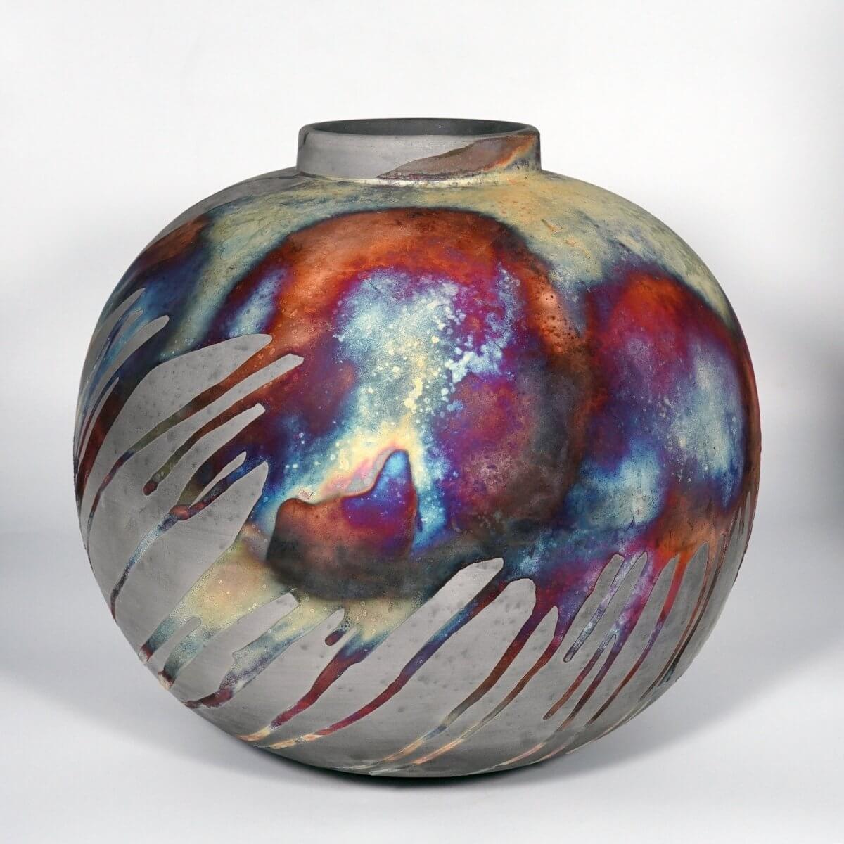 RAAQUU Large Globe XL Ceramic Vase Carbon Copper S/N0000851 13" Raku Pottery Unique Handmade ceramic pottery raku vases, urns, and home decor, sculptures, wall decor, gifts by Adil Ghani
