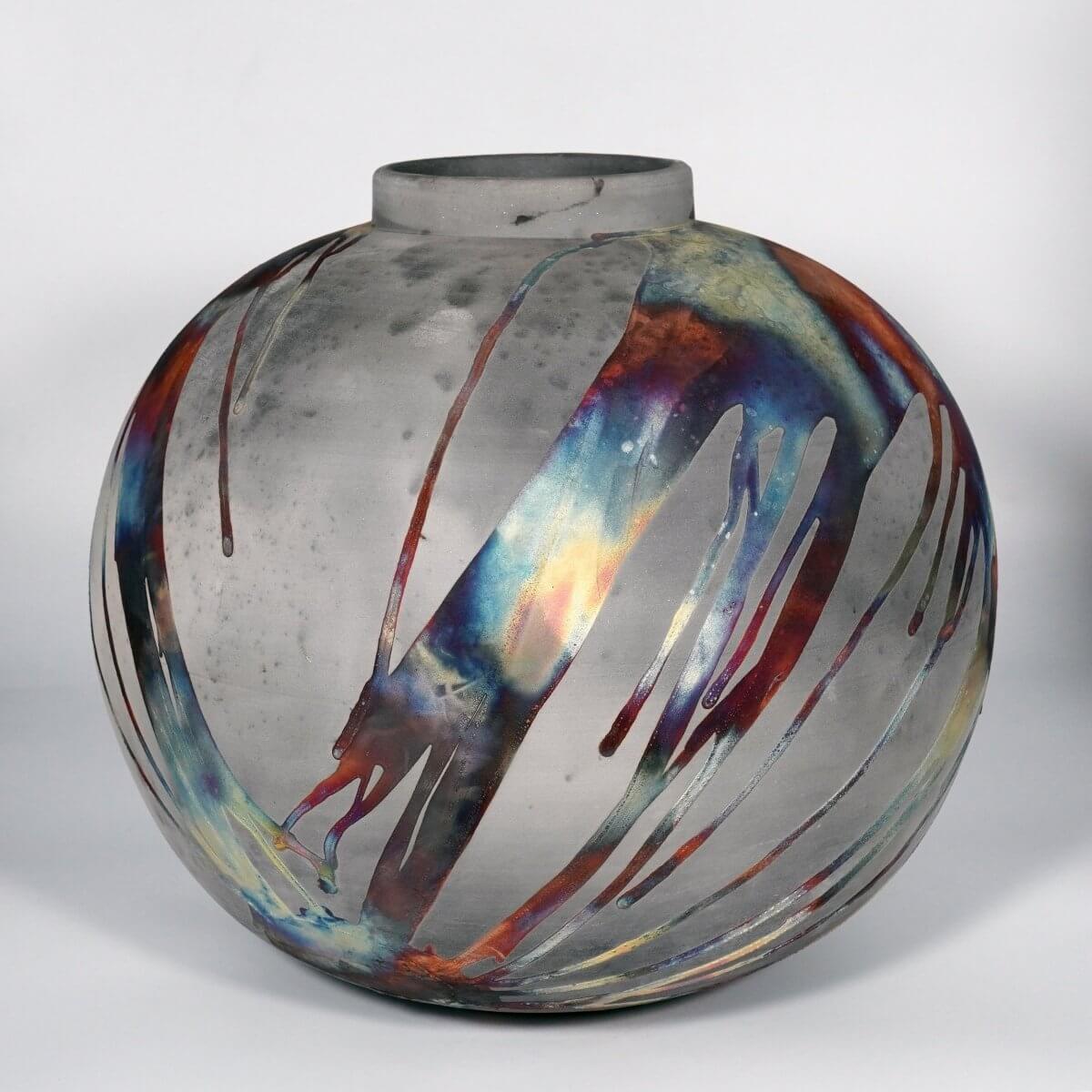 RAAQUU Large Globe XL Ceramic Vase Carbon Copper S/N0000851 13" Raku Pottery Unique Handmade ceramic pottery raku vases, urns, and home decor, sculptures, wall decor, gifts by Adil Ghani