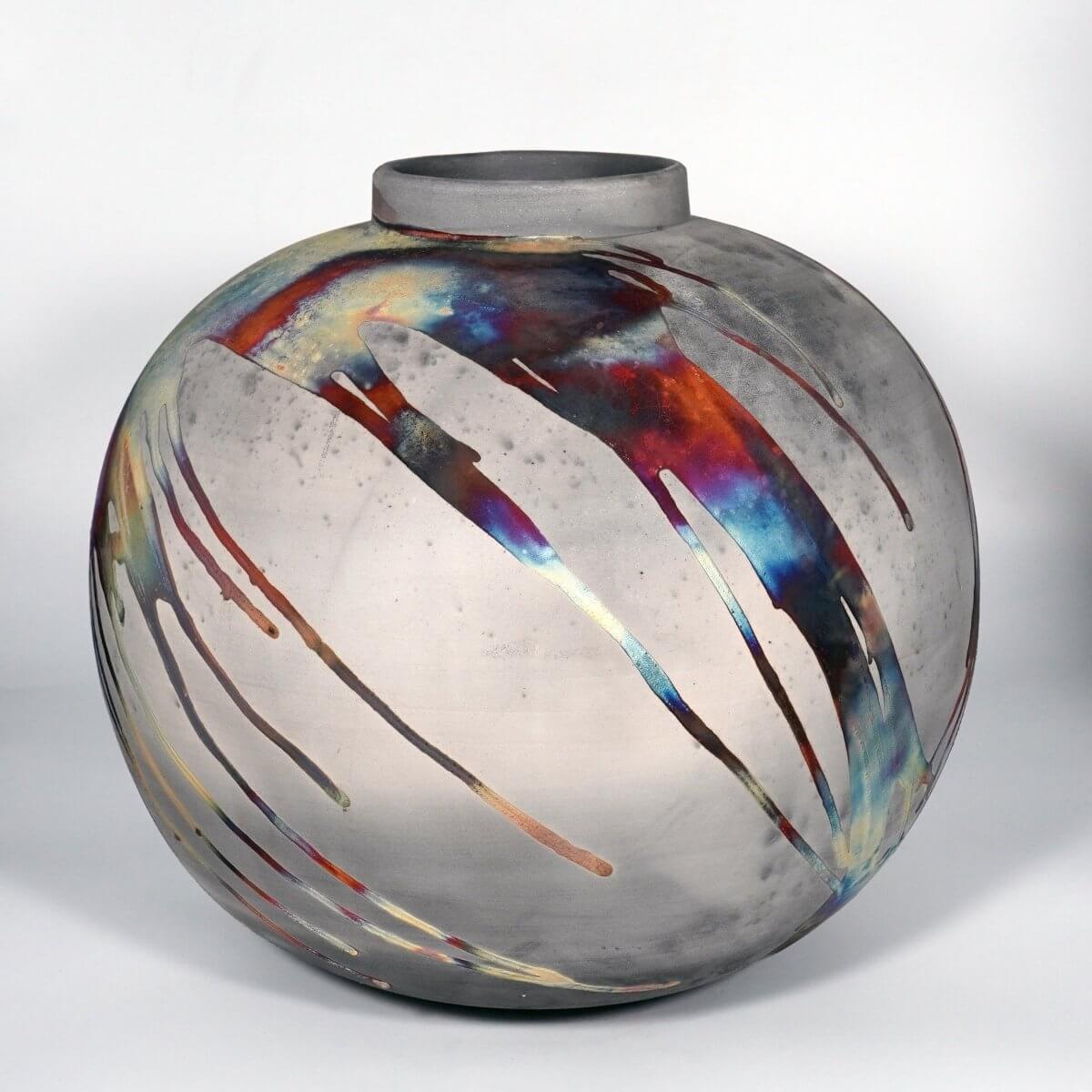 RAAQUU Large Globe XL Ceramic Vase Carbon Copper S/N0000851 13" Raku Pottery Unique Handmade ceramic pottery raku vases, urns, and home decor, sculptures, wall decor, gifts by Adil Ghani