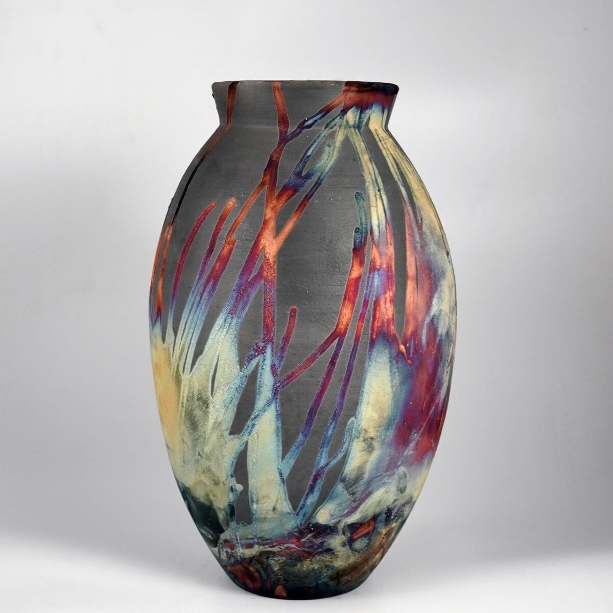 RAAQUU Large Oval Ceramic Vase Carbon Copper S/N0000197 13.5" Raku Pottery Unique Handmade ceramic pottery raku vases, urns, and home decor, sculptures, wall decor, gifts by Adil Ghani