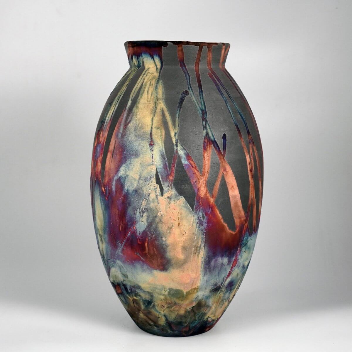 RAAQUU Large Oval Ceramic Vase Carbon Copper S/N0000197 13.5" Raku Pottery Unique Handmade ceramic pottery raku vases, urns, and home decor, sculptures, wall decor, gifts by Adil Ghani