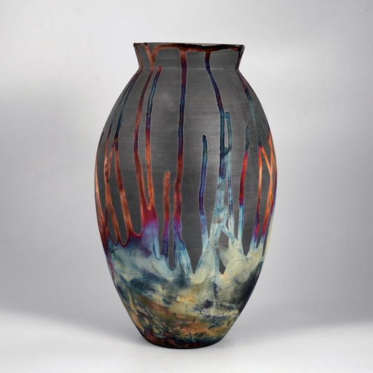 RAAQUU Large Oval Ceramic Vase Carbon Copper S/N0000197 13.5" Raku Pottery Unique Handmade ceramic pottery raku vases, urns, and home decor, sculptures, wall decor, gifts by Adil Ghani