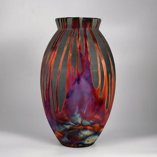 RAAQUU Large Oval Ceramic Vase Carbon Copper S/N0000205 13.5" Raku Pottery Unique Handmade ceramic pottery raku vases, urns, and home decor, sculptures, wall decor, gifts by Adil Ghani
