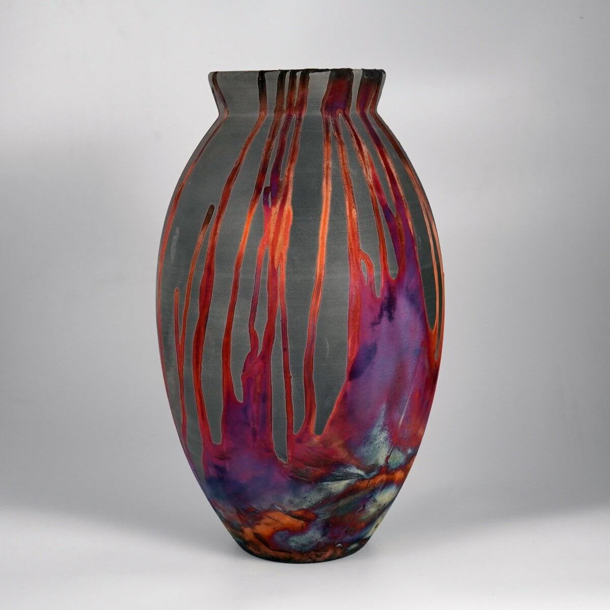 RAAQUU Large Oval Ceramic Vase Carbon Copper S/N0000205 13.5" Raku Pottery Unique Handmade ceramic pottery raku vases, urns, and home decor, sculptures, wall decor, gifts by Adil Ghani