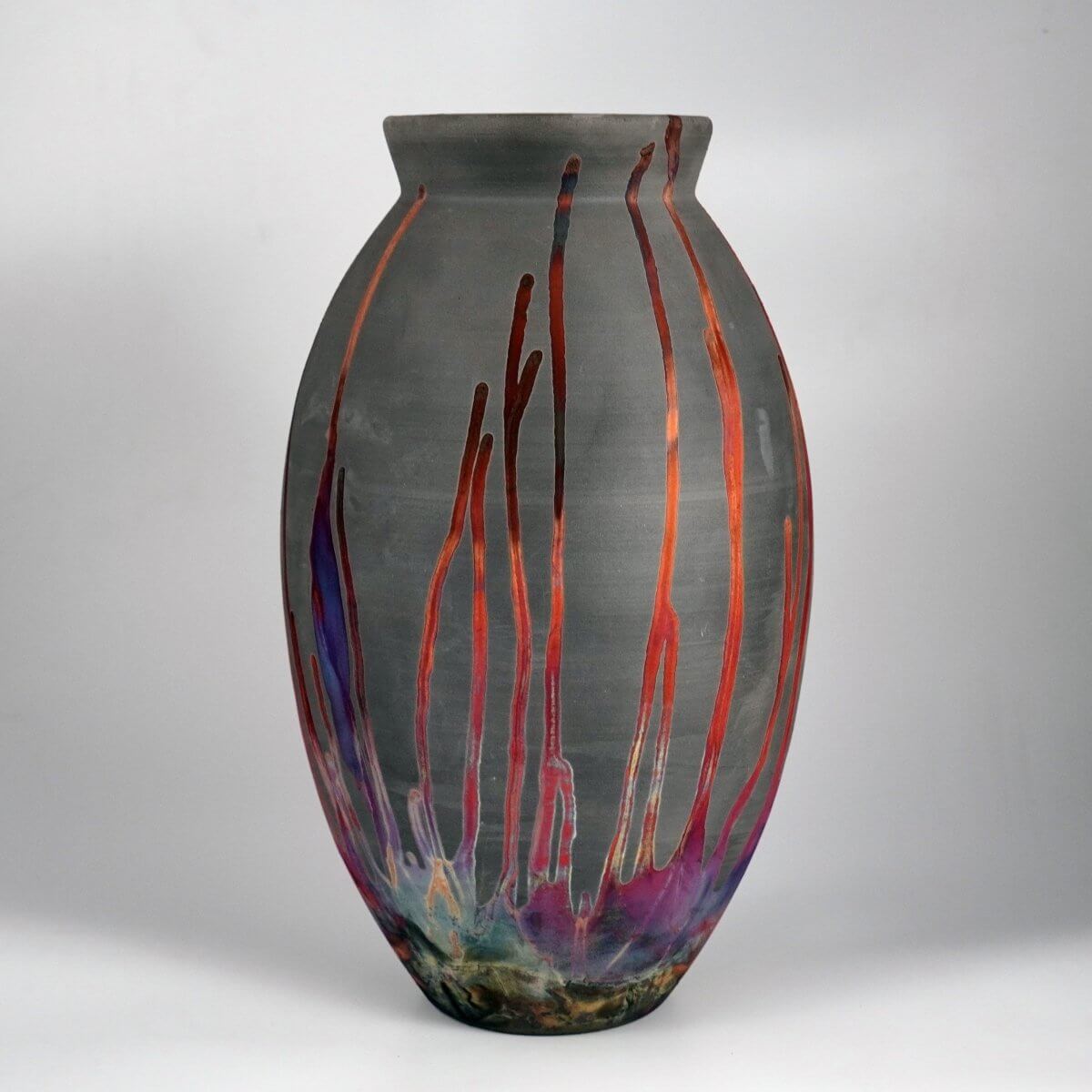 RAAQUU Large Oval Ceramic Vase Carbon Copper S/N0000205 13.5" Raku Pottery Unique Handmade ceramic pottery raku vases, urns, and home decor, sculptures, wall decor, gifts by Adil Ghani