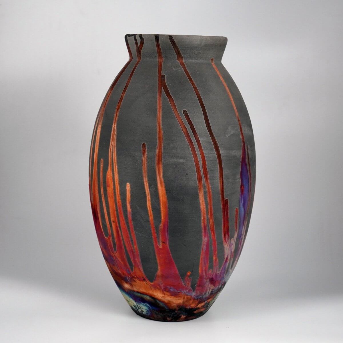 RAAQUU Large Oval Ceramic Vase Carbon Copper S/N0000205 13.5" Raku Pottery Unique Handmade ceramic pottery raku vases, urns, and home decor, sculptures, wall decor, gifts by Adil Ghani