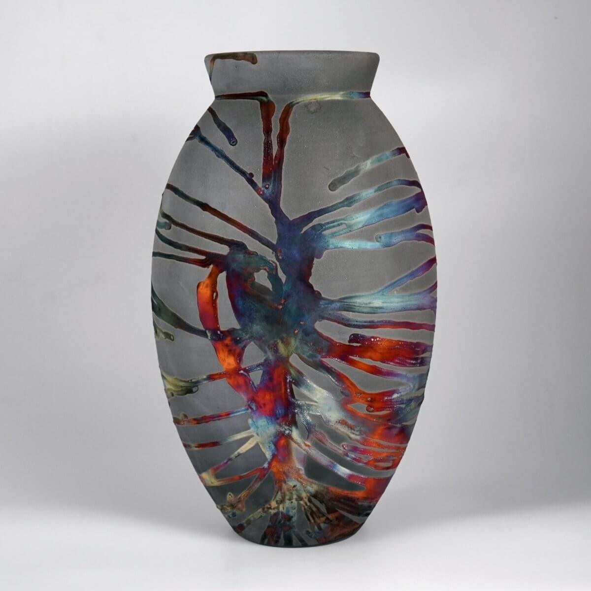 RAAQUU Large Oval Ceramic Vase Carbon Copper S/N0000744 13.5" Raku Pottery Unique Handmade ceramic pottery raku vases, urns, and home decor, sculptures, wall decor, gifts by Adil Ghani