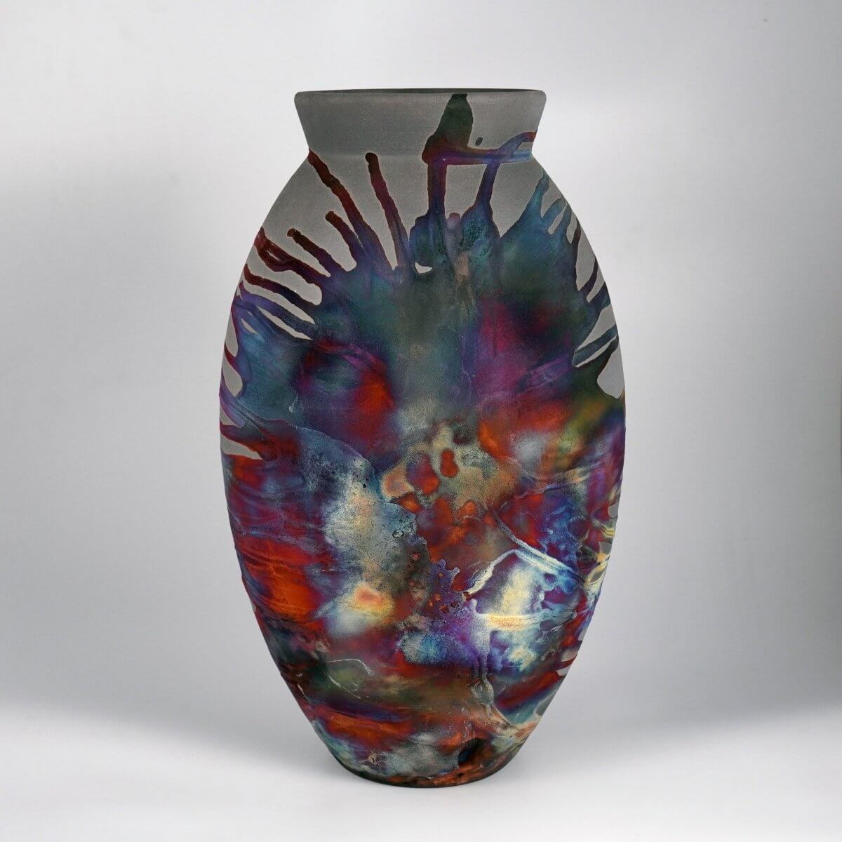 RAAQUU Large Oval Ceramic Vase Carbon Copper S/N0000744 13.5" Raku Pottery Unique Handmade ceramic pottery raku vases, urns, and home decor, sculptures, wall decor, gifts by Adil Ghani