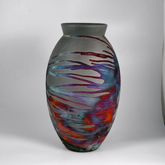 RAAQUU Large Oval Ceramic Vase Carbon Copper S/N0000744 13.5" Raku Pottery Unique Handmade ceramic pottery raku vases, urns, and home decor, sculptures, wall decor, gifts by Adil Ghani