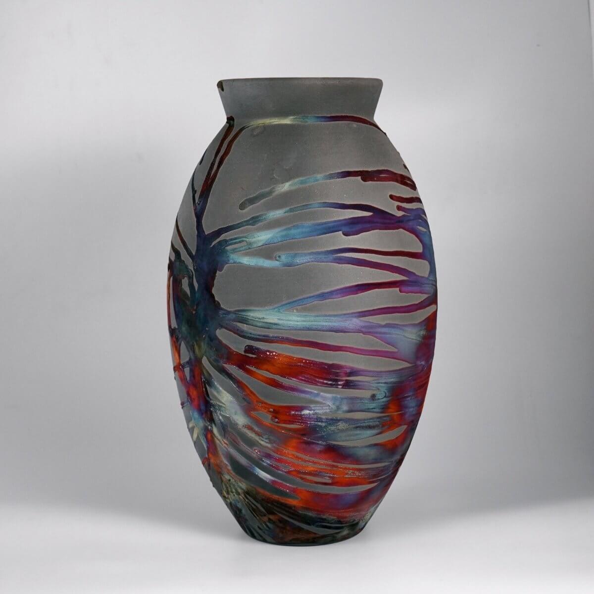 RAAQUU Large Oval Ceramic Vase Carbon Copper S/N0000744 13.5" Raku Pottery Unique Handmade ceramic pottery raku vases, urns, and home decor, sculptures, wall decor, gifts by Adil Ghani