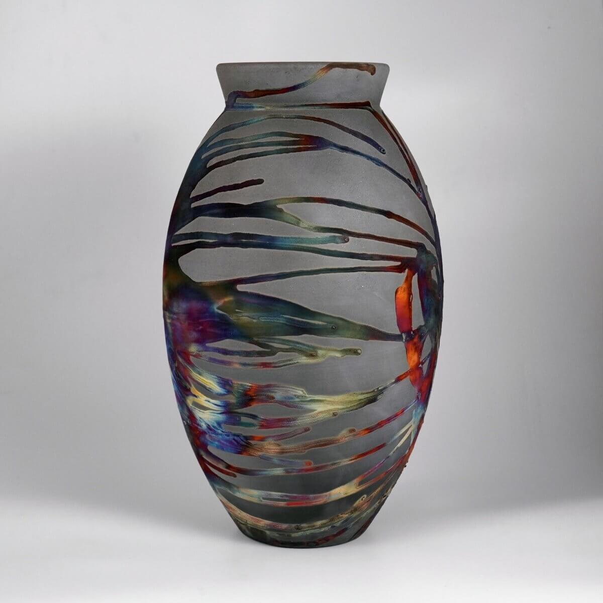 RAAQUU Large Oval Ceramic Vase Carbon Copper S/N0000744 13.5" Raku Pottery Unique Handmade ceramic pottery raku vases, urns, and home decor, sculptures, wall decor, gifts by Adil Ghani