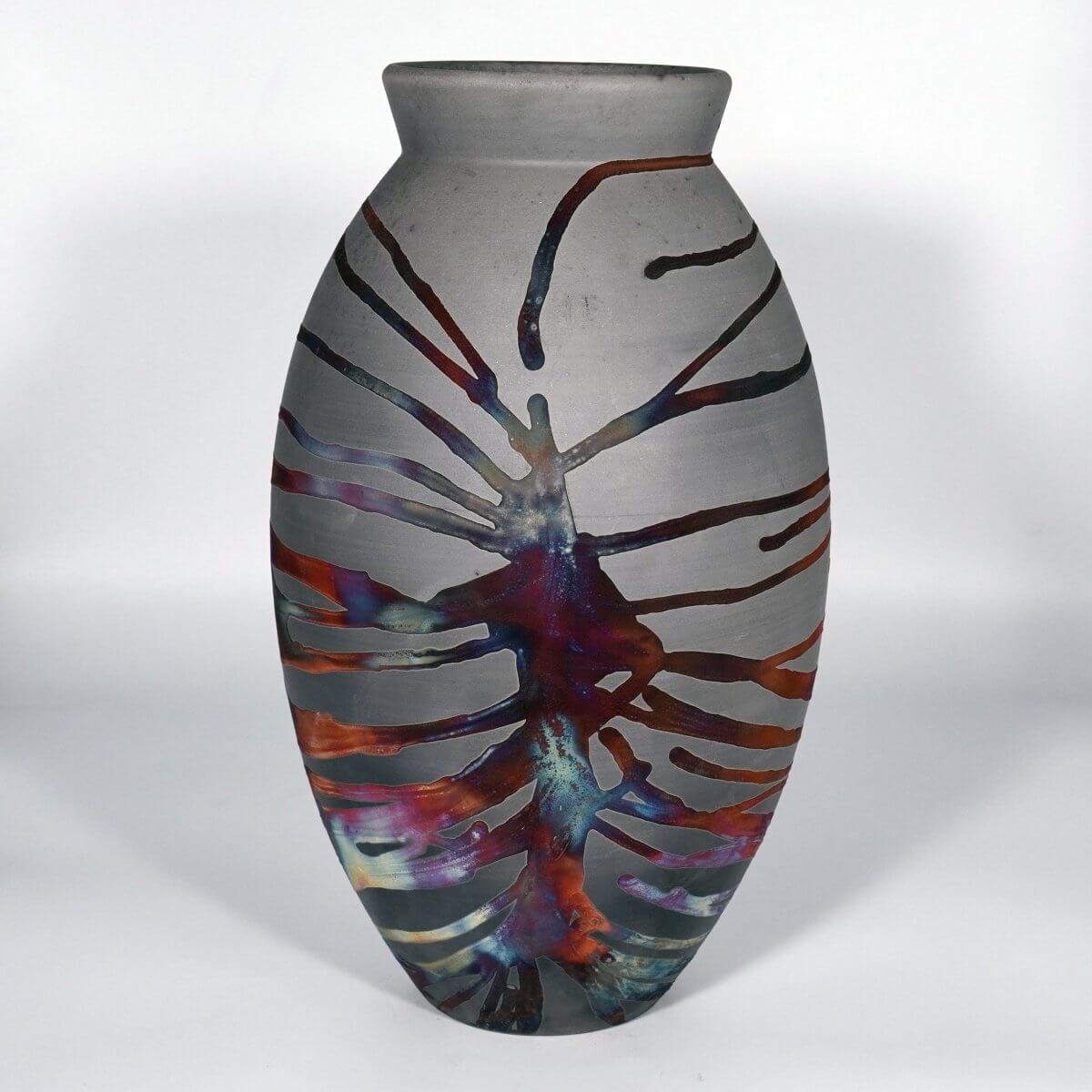 RAAQUU Large Oval Ceramic Vase Carbon Copper S/N0000823 13.5" Raku Pottery Unique Handmade ceramic pottery raku vases, urns, and home decor, sculptures, wall decor, gifts by Adil Ghani