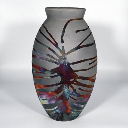 RAAQUU Large Oval Ceramic Vase Carbon Copper S/N0000823 13.5" Raku Pottery Unique Handmade ceramic pottery raku vases, urns, and home decor, sculptures, wall decor, gifts by Adil Ghani