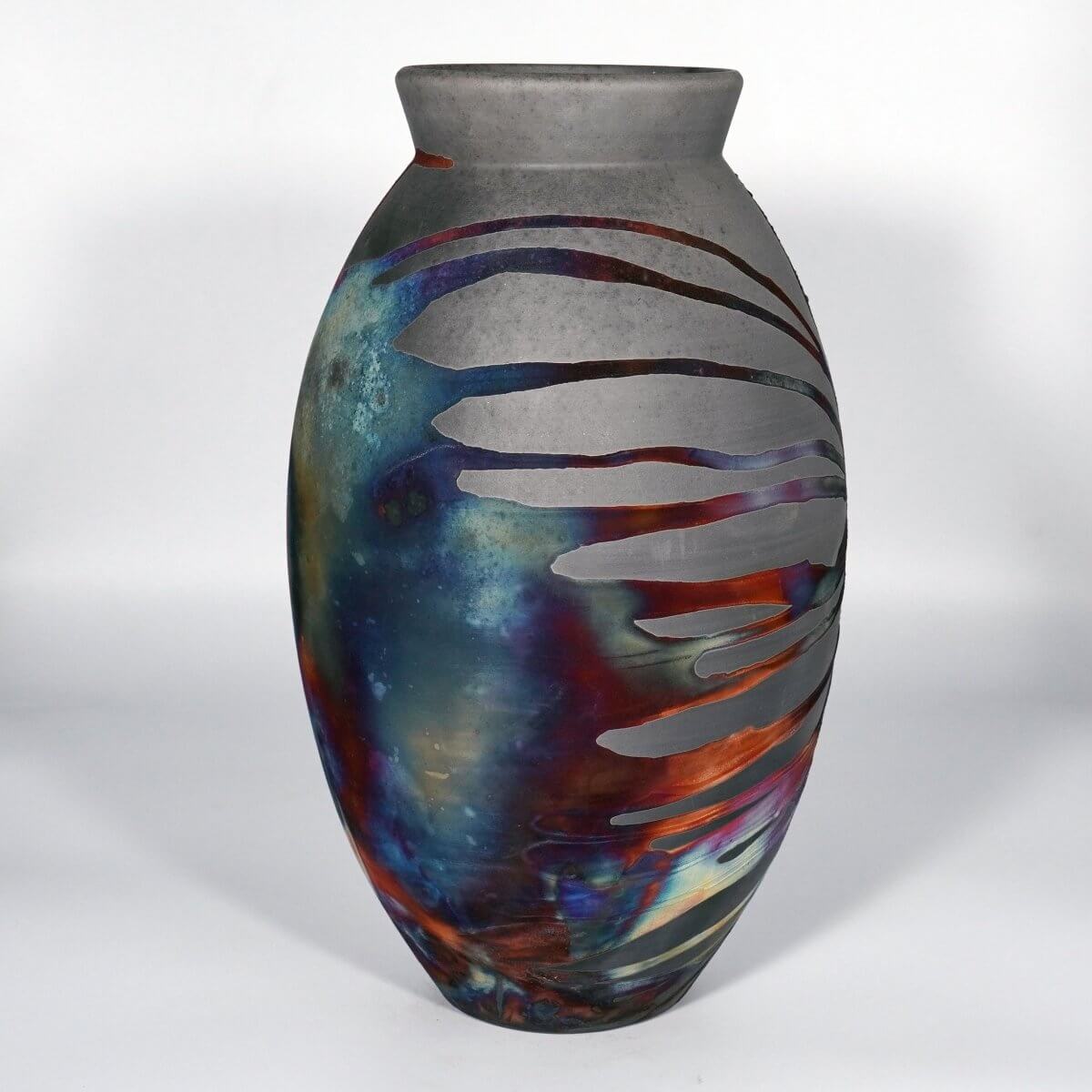 RAAQUU Large Oval Ceramic Vase Carbon Copper S/N0000823 13.5" Raku Pottery Unique Handmade ceramic pottery raku vases, urns, and home decor, sculptures, wall decor, gifts by Adil Ghani
