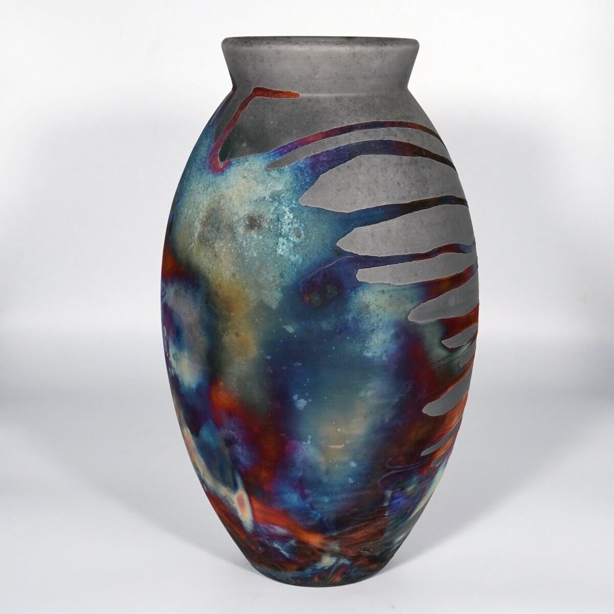 RAAQUU Large Oval Ceramic Vase Carbon Copper S/N0000823 13.5" Raku Pottery Unique Handmade ceramic pottery raku vases, urns, and home decor, sculptures, wall decor, gifts by Adil Ghani