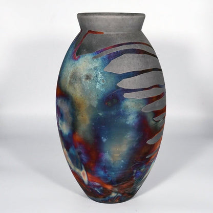 RAAQUU Large Oval Ceramic Vase Carbon Copper S/N0000823 13.5" Raku Pottery Unique Handmade ceramic pottery raku vases, urns, and home decor, sculptures, wall decor, gifts by Adil Ghani