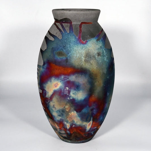 RAAQUU Large Oval Ceramic Vase Carbon Copper S/N0000823 13.5" Raku Pottery Unique Handmade ceramic pottery raku vases, urns, and home decor, sculptures, wall decor, gifts by Adil Ghani