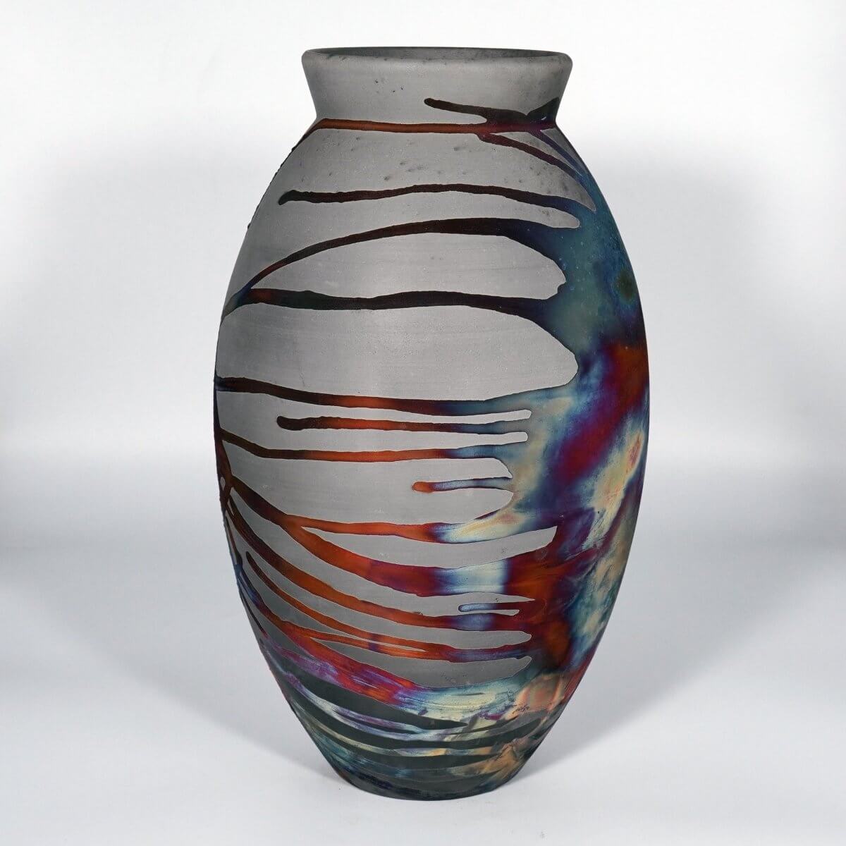 RAAQUU Large Oval Ceramic Vase Carbon Copper S/N0000823 13.5" Raku Pottery Unique Handmade ceramic pottery raku vases, urns, and home decor, sculptures, wall decor, gifts by Adil Ghani